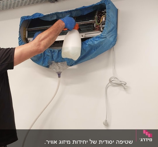 אדם מנקה מזגן עם בקבוק ספריי